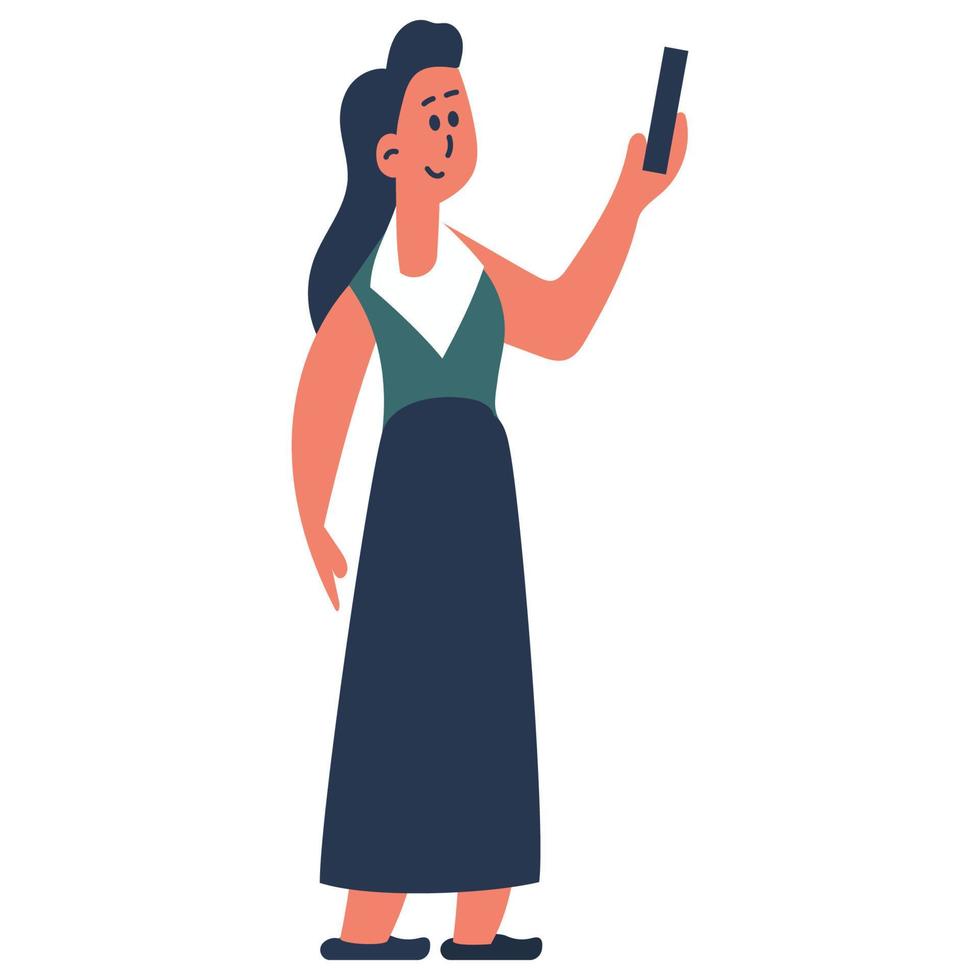 a garota está de pé com a ilustração em vetor telefone e pessoa mulher. jovem personagem de empresária adulta branca e feliz isolada dos desenhos animados com smartphone. dispositivo de comunicação adolescente