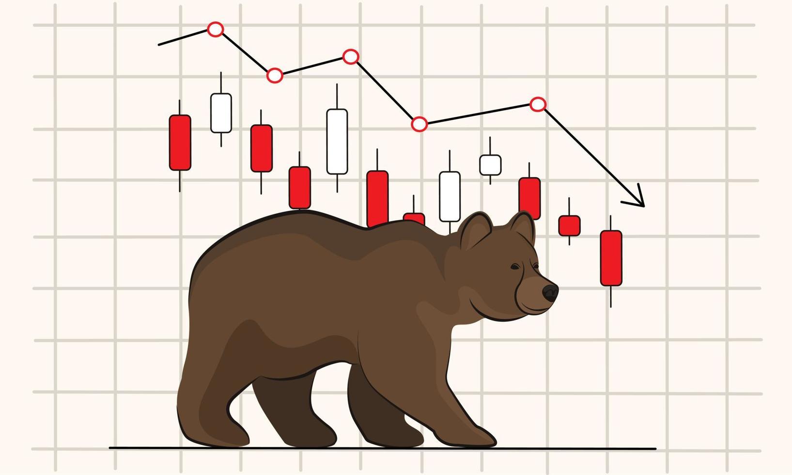seta vermelha para baixo no mercado de criptomoedas. mercado de urso. tendência de queda de criptomoedas. velas japonesas e símbolo de urso. vetor isolado em branco