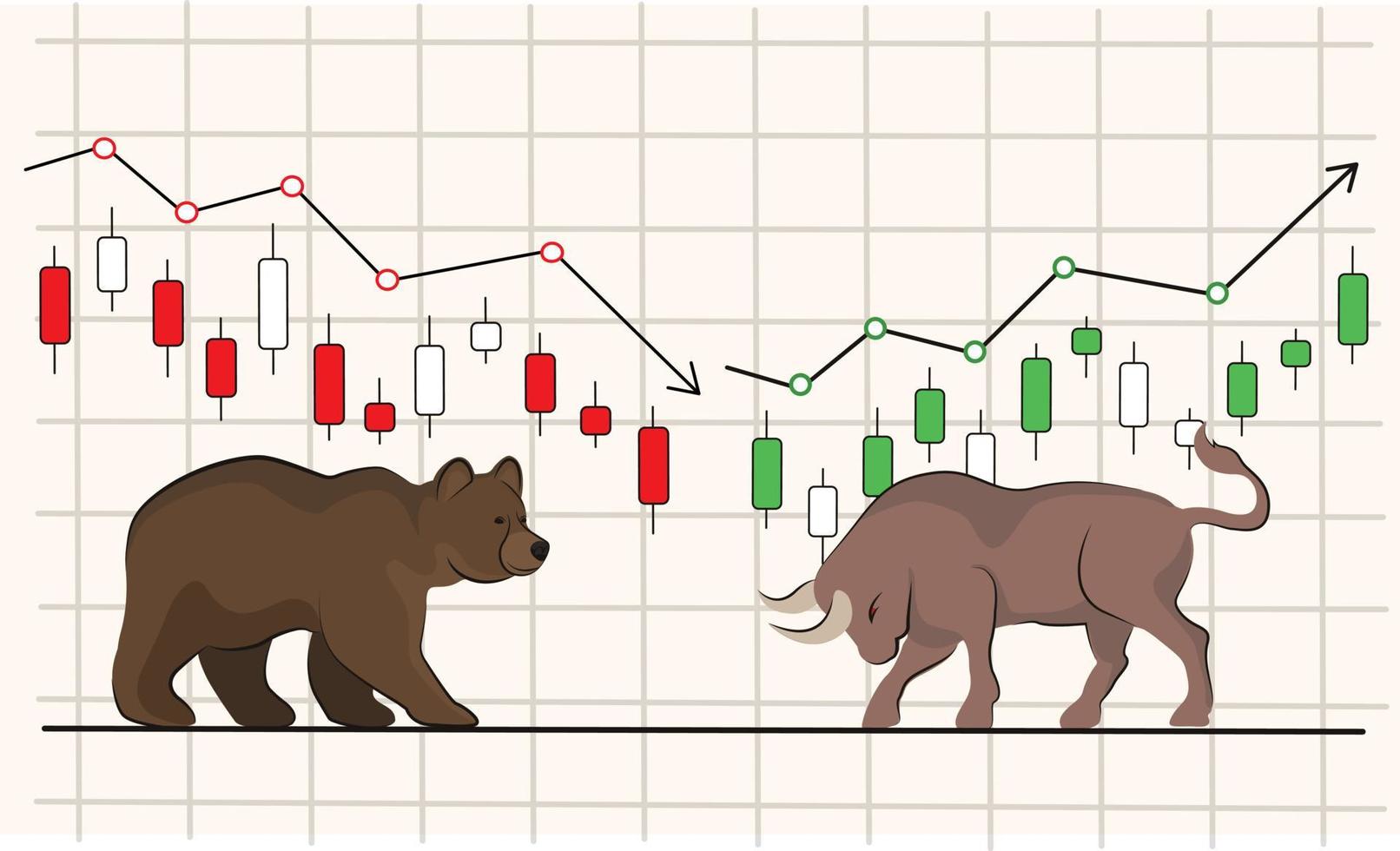 luta de gráfico de criptomoeda de touro e urso, castiçais japoneses e flechas subindo e descendo os preços, ilustração do mercado de ações. tendência de alta e baixa. banner vetorial para negociação na bolsa vetor