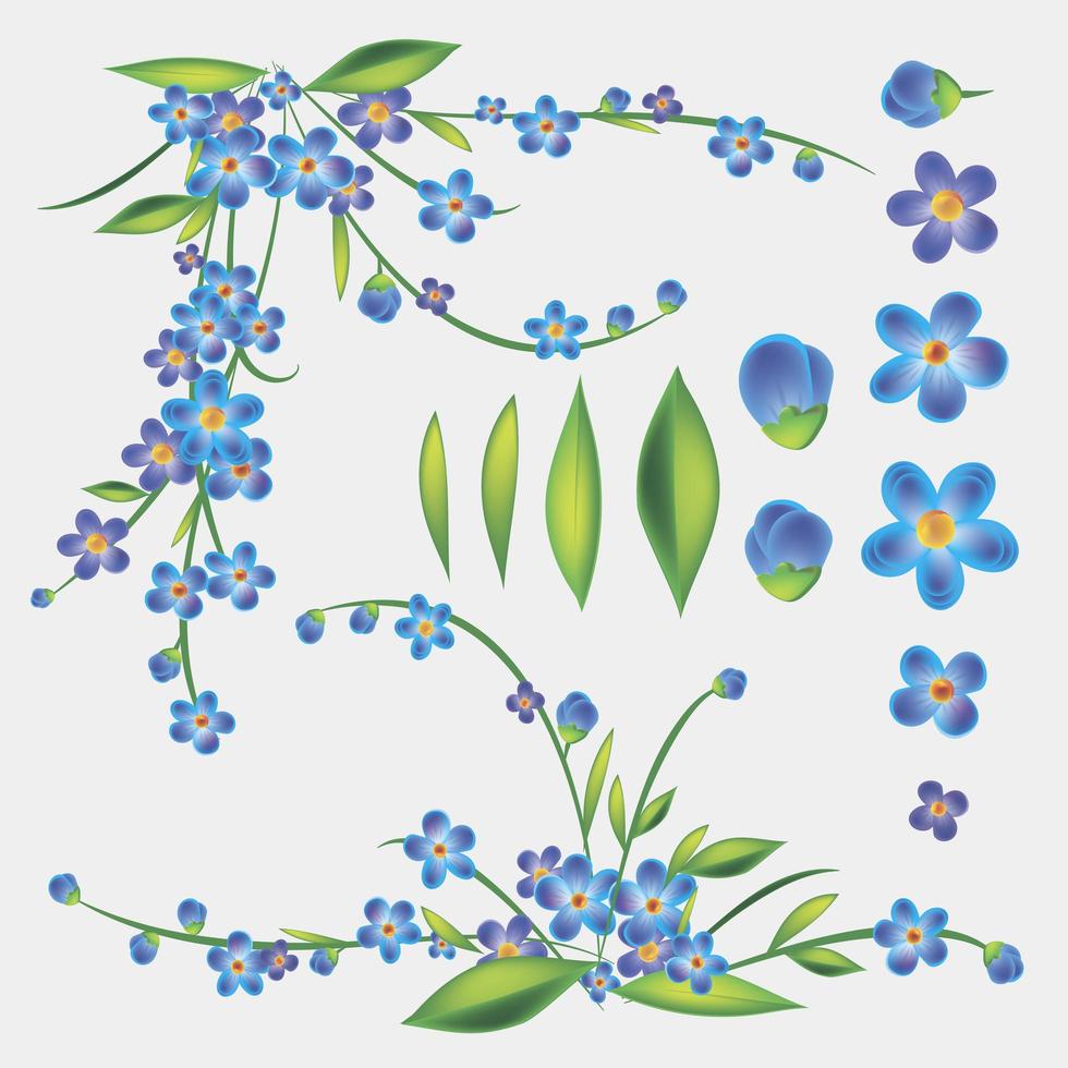 conjunto de flores azuis vetor