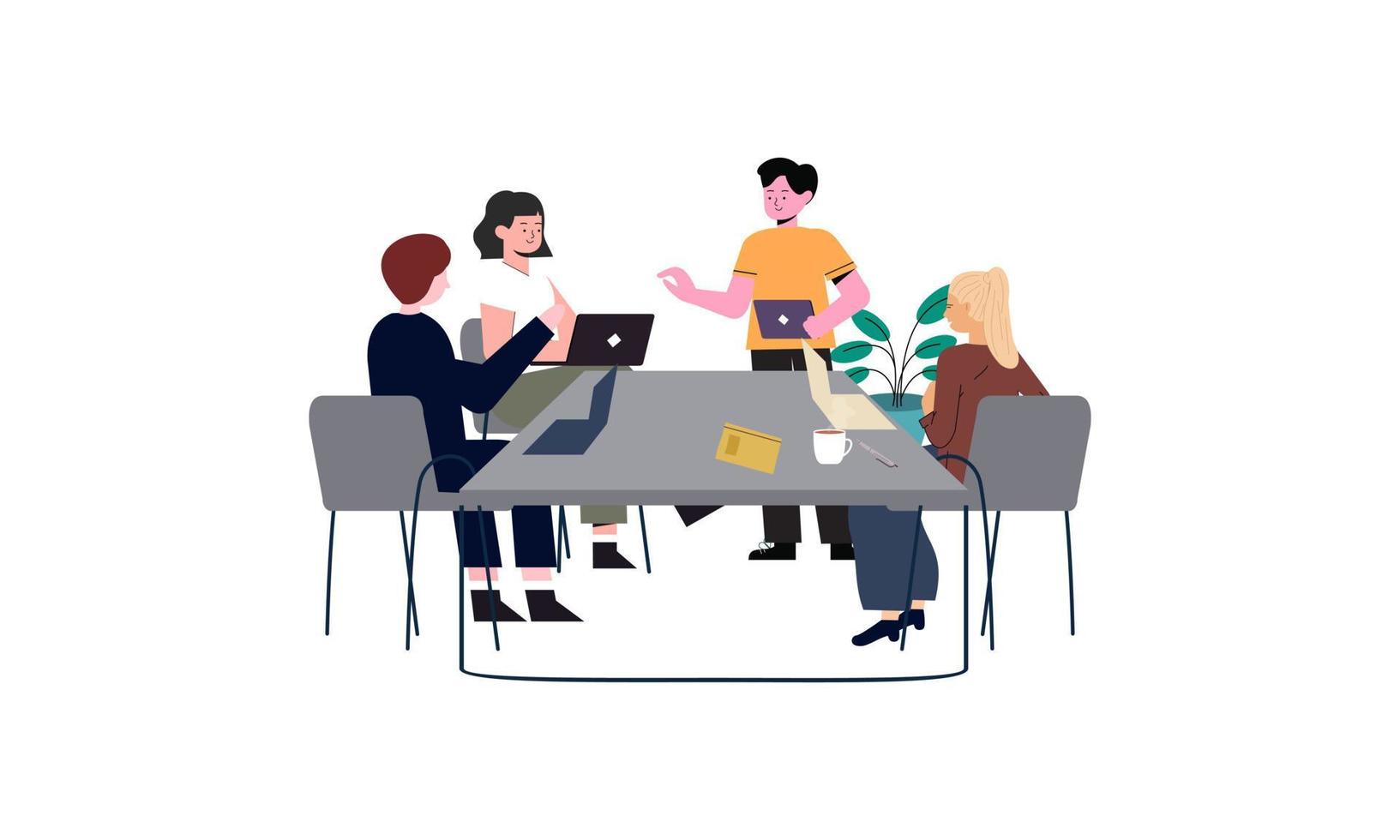 grupo de trabalhadores de escritório sentados em mesas e se comunicando ou conversando entre si vetor