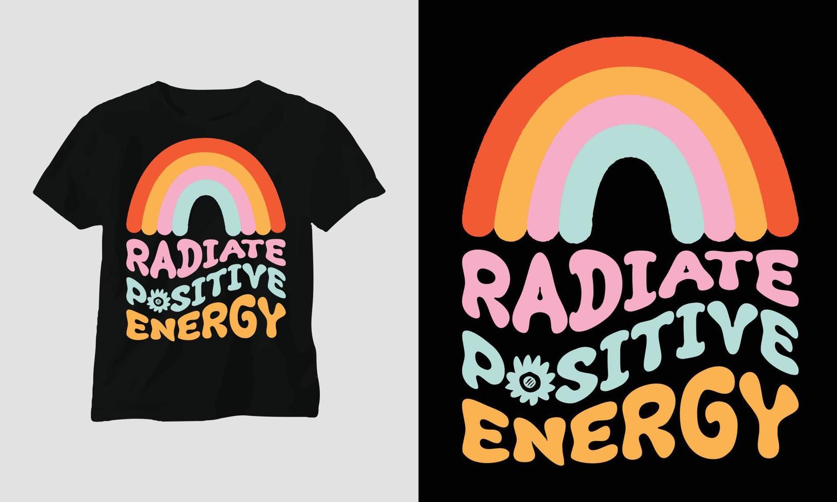 design de camiseta retrô ondulado irradia energia positiva vetor