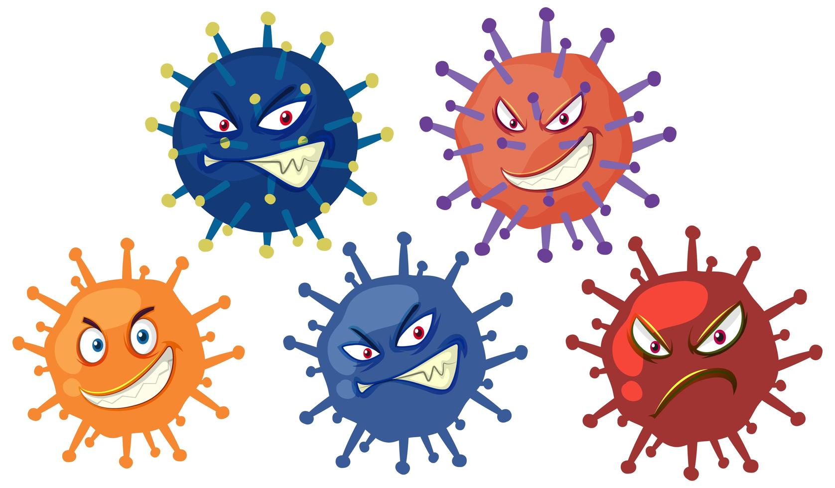 muitos caracteres de células de vírus com rosto assustador no fundo branco vetor