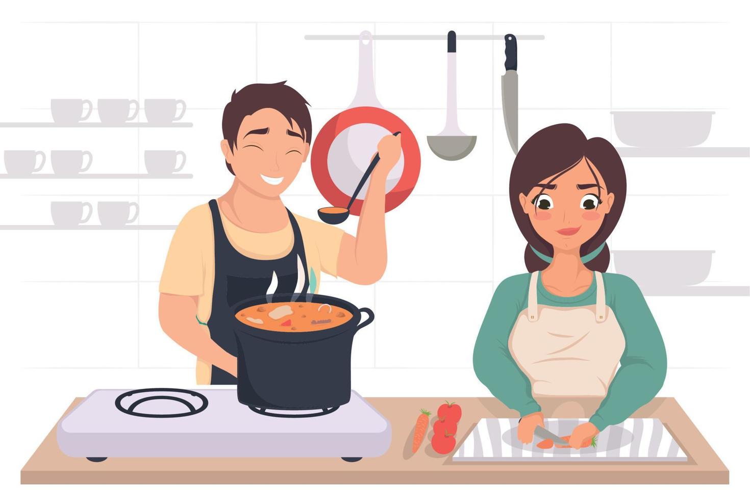 casal cozinhando na cozinha vetor