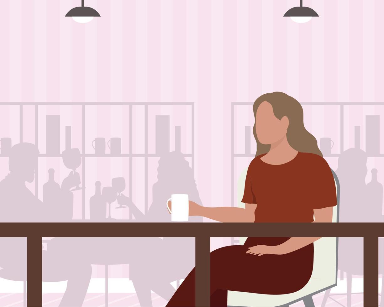 mulher tomando café no restaurante vetor