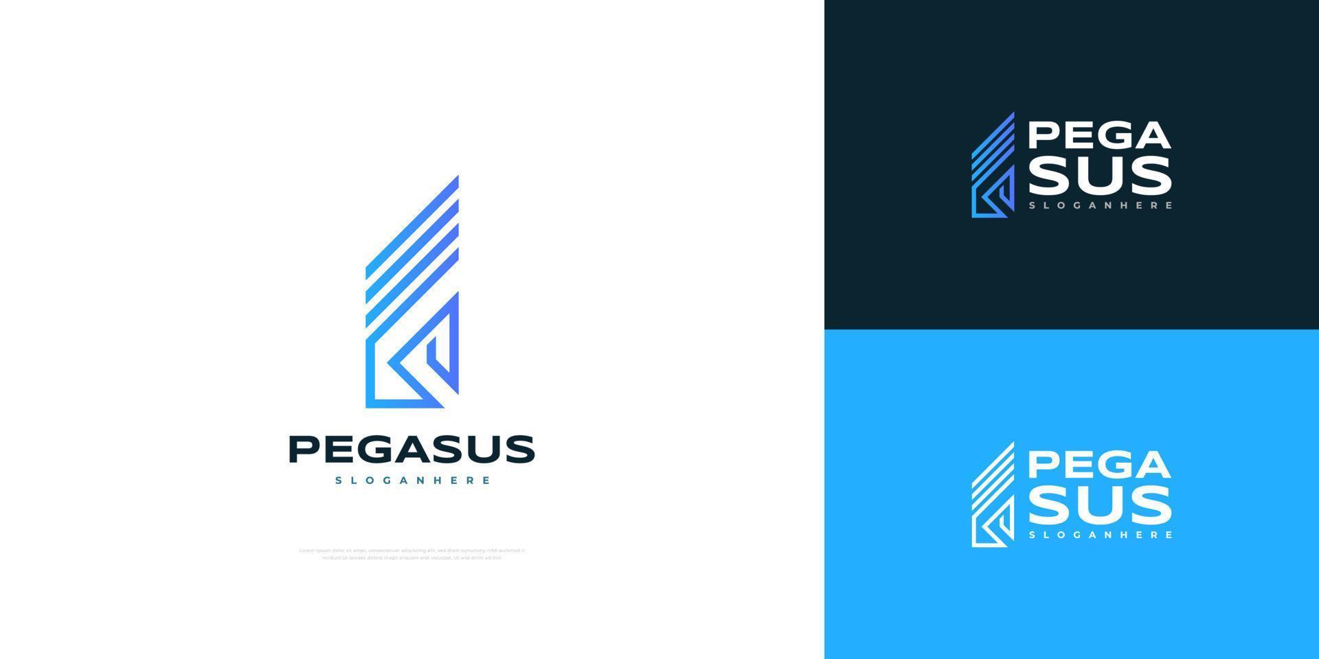 design de logotipo pegasus azul em estilo de linha. ícone abstrato do logotipo do cavalo vetor