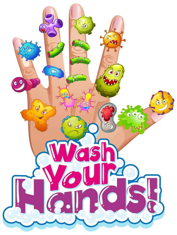 lavar as mãos cartaz com células de vírus na mão humana vetor