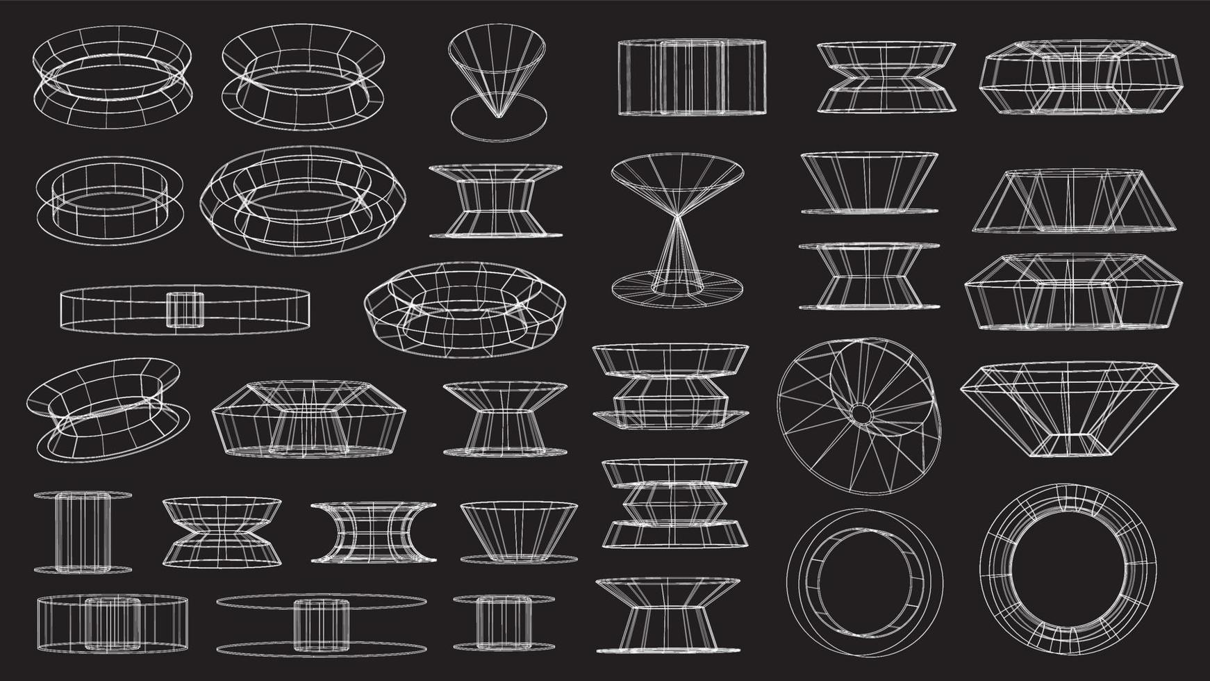 conjunto de elementos de tecnologia geométrica abstrata em estilo cyberpunk. coleção vintage retrô 3d design digital virtual. textura anos 80 vr. padrão de metaverso futurista. fundo de modelo isolado de vetor