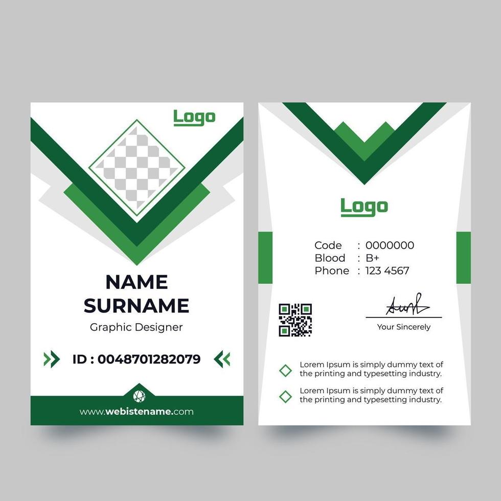 cartão de identificação branco vertical com detalhes pontiagudos em verde vetor