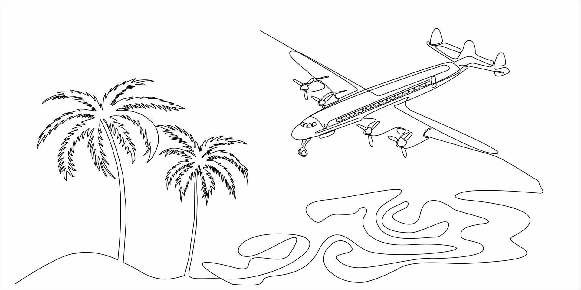 desenho de linha contínua de aviões e palmeiras vetor