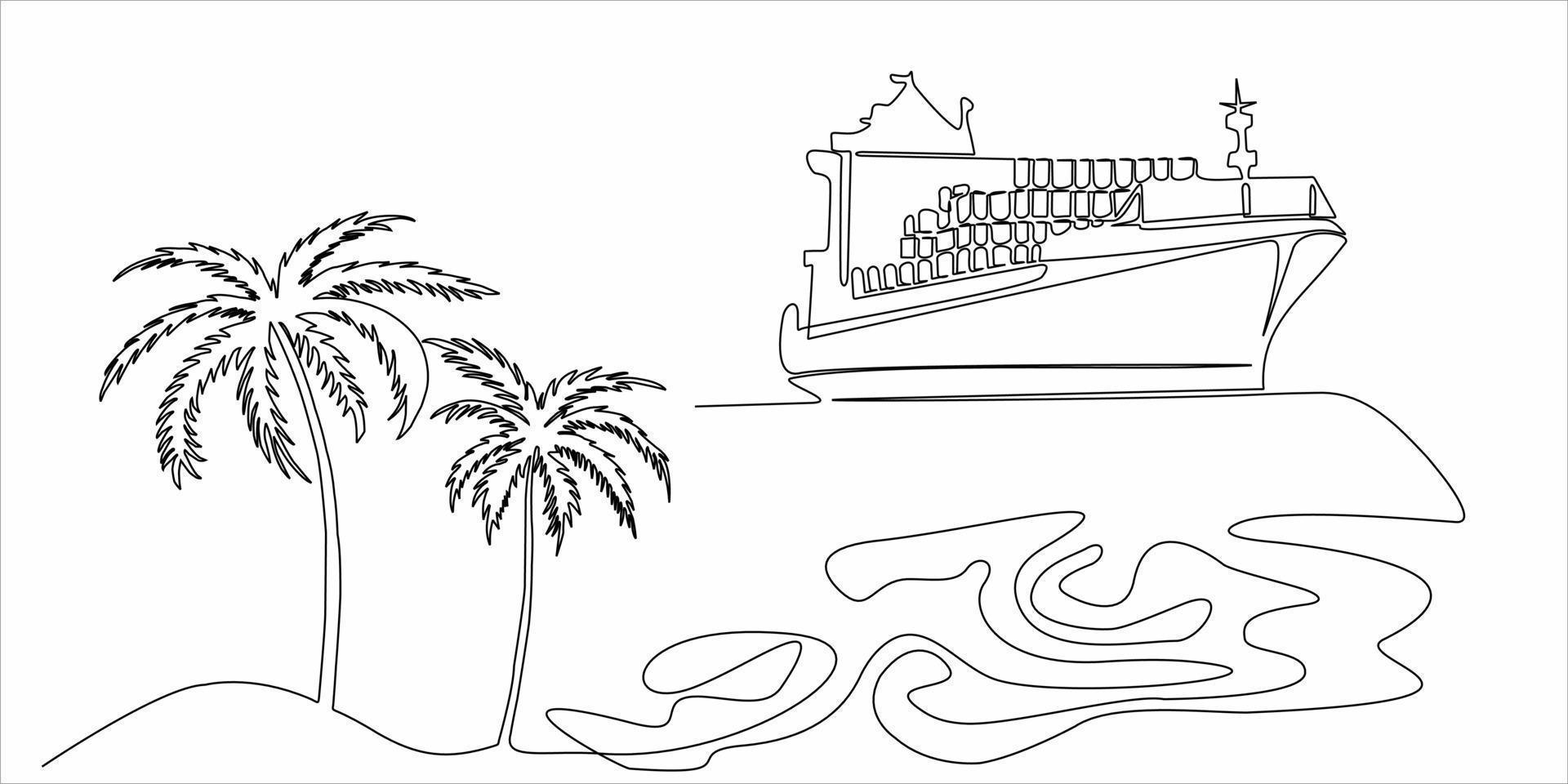 desenho de linha contínua de navios e palmeiras vetor