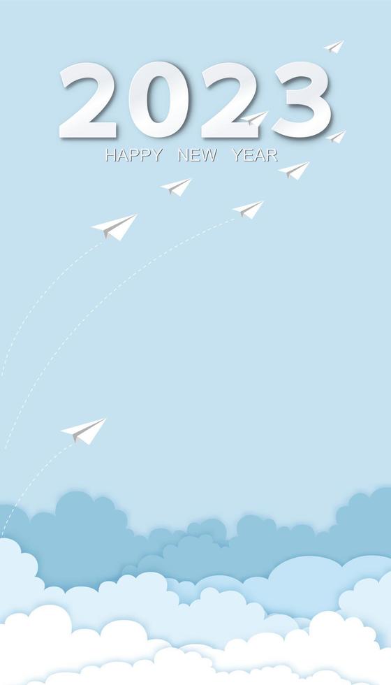 cartão de saudação de ano novo nuvem de origami de céu azul e avião de papel branco voando, ilustração vetorial cloudscape camadas arte de papel, banner vertical para liderança financeira para início de negócios 2023 vetor