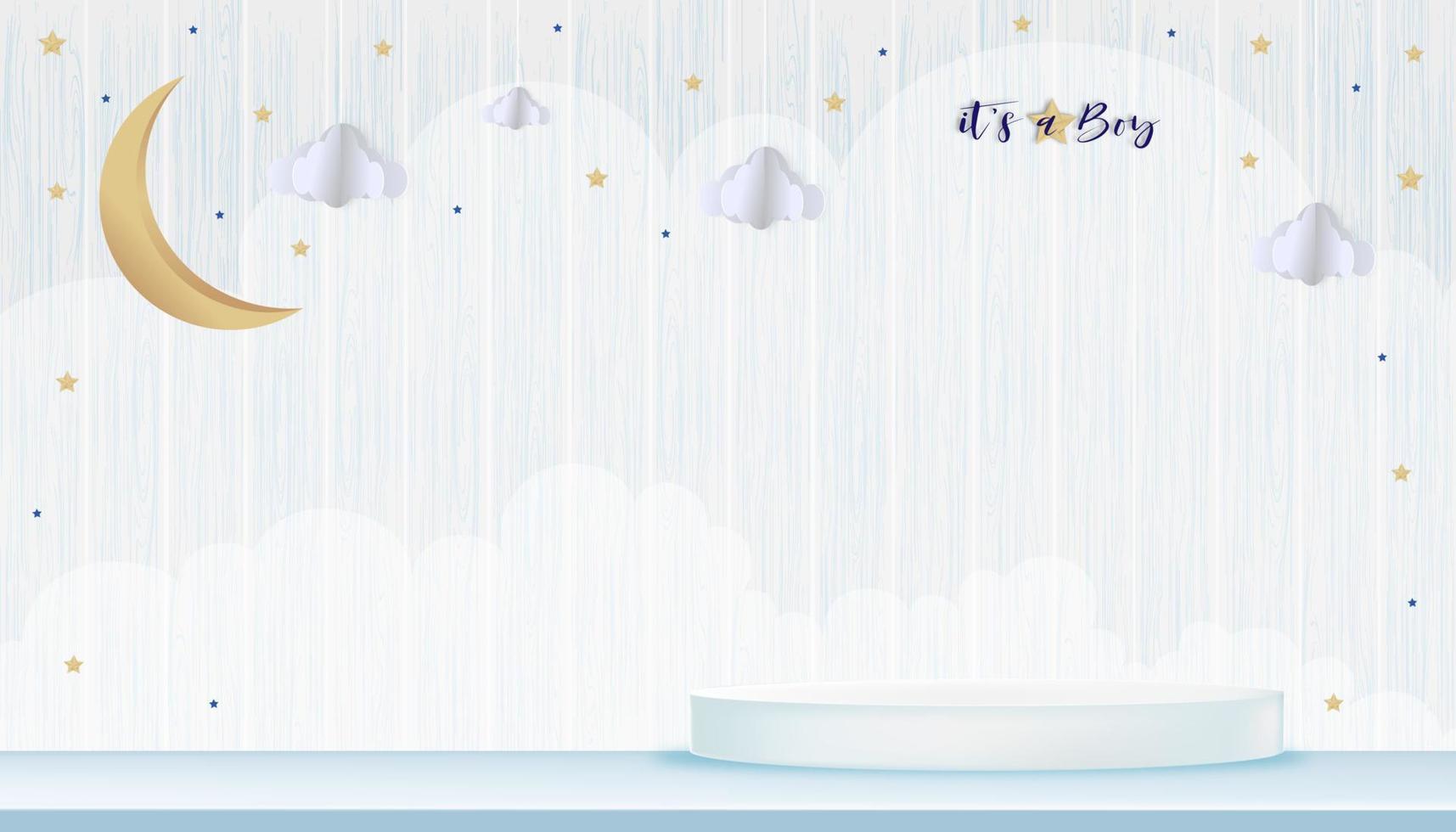 vetor para cartão de chuveiro de menino em fundo de madeira, paisagem de origami abstrato de arte de papel bonito, lua crescente e estrelas no céu azul e pódio 3d, corte de papel com espaço de cópia para fotos do bebê