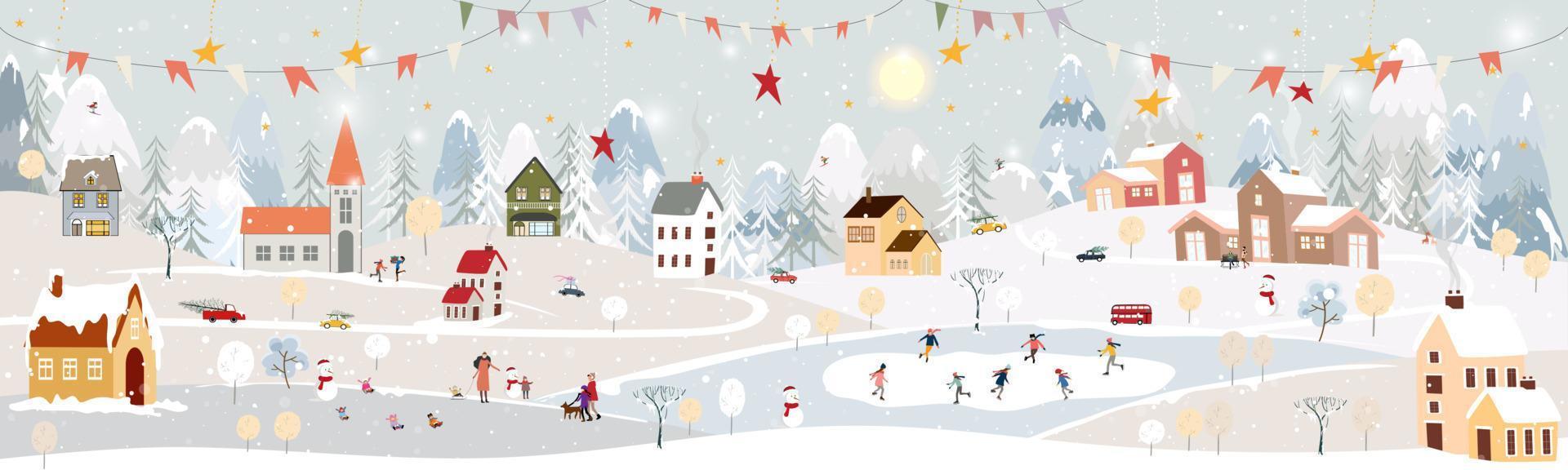 paisagem de inverno, comemorando o natal e o ano novo 2023 na vila à noite com urso polar feliz jogando patins de gelo no parque, vetor de banner horizontal país das maravilhas do inverno na zona rural