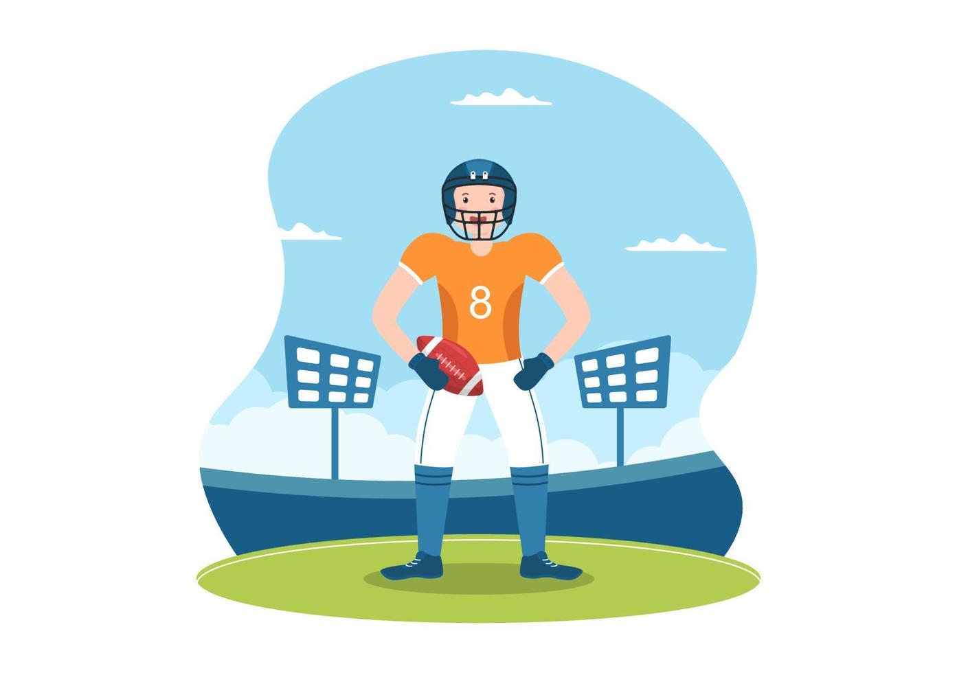 jogador de esportes de futebol americano com o jogo usa uma bola em forma oval e é marrom na ilustração plana dos desenhos animados desenhados à mão de campo vetor
