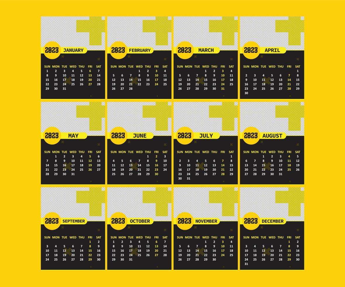 calendário anual 2023 modelo de vetor eps pronto para impressão, calendário de 12 meses.