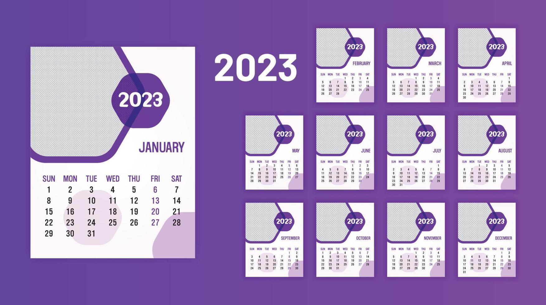 calendário anual 2023 modelo de vetor eps pronto para impressão, calendário de 12 meses.