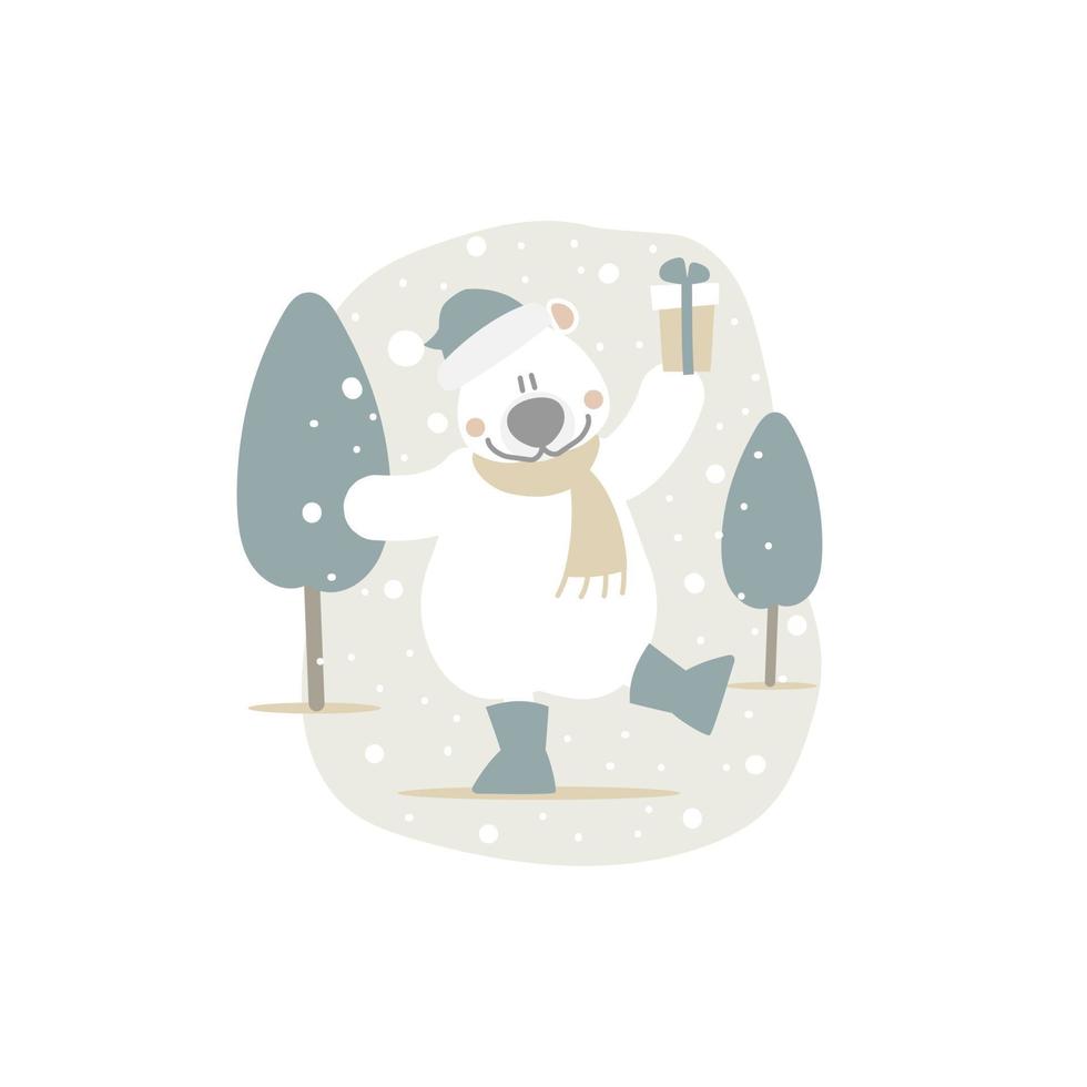 feliz natal e feliz ano novo com ursinho polar de pelúcia branco fofo na temporada de inverno, ilustração vetorial plana design de figurino de personagem de desenho animado vetor