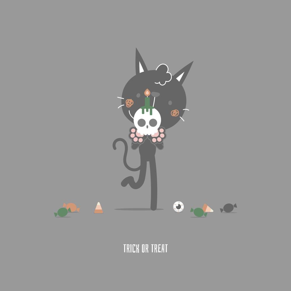feliz festival de férias de halloween com gato fofo e crânio, design de personagem de desenho animado de ilustração vetorial plana vetor