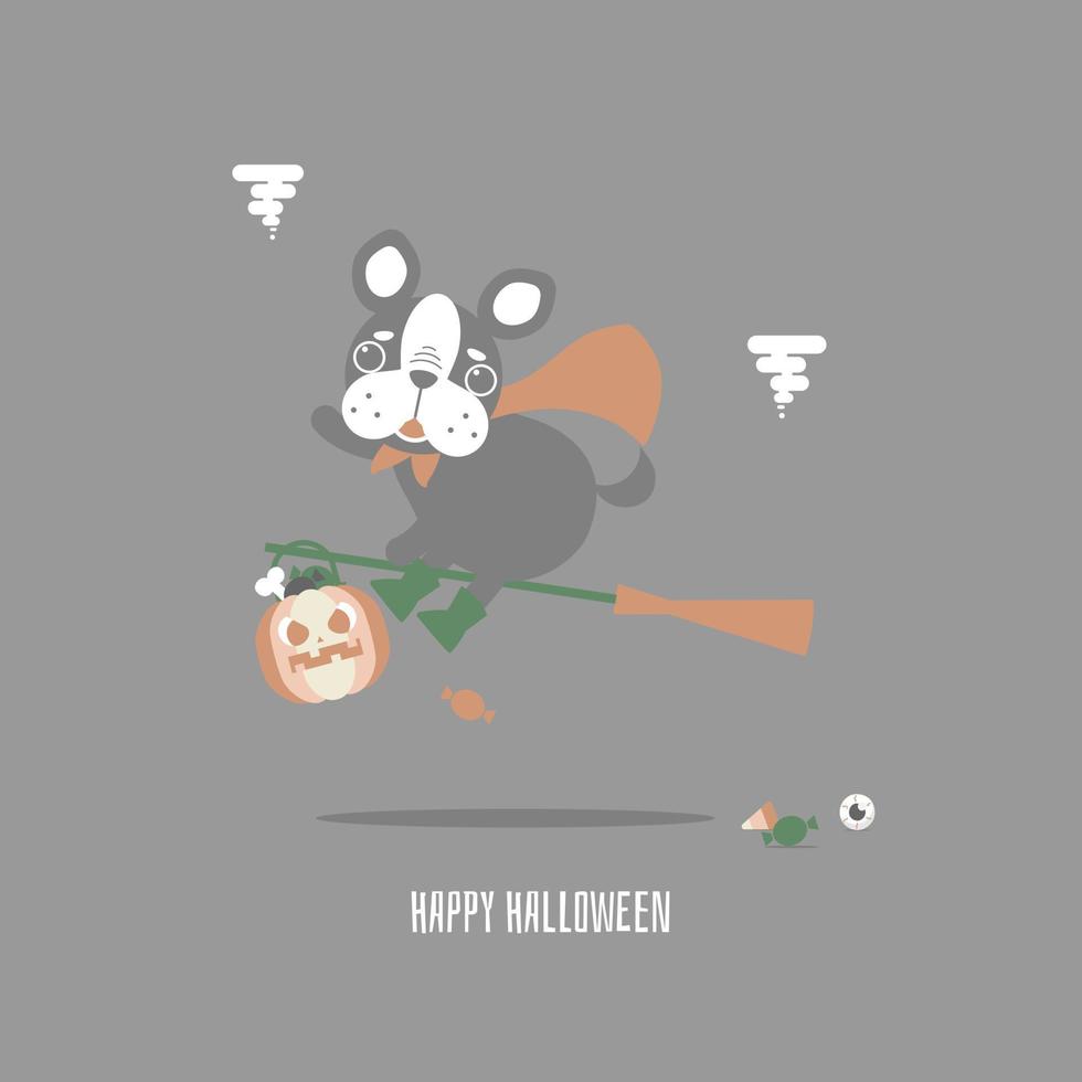 feliz festival de férias de halloween com pug de buldogue francês fofo e abóbora e vassoura, design de personagem de desenho animado de ilustração vetorial plana vetor