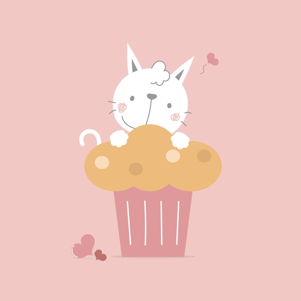 bonito e adorável gato desenhado à mão com cupcake, conceito de amor, feliz dia dos namorados, aniversário, ilustração vetorial plana design de personagem de desenho animado isolado vetor