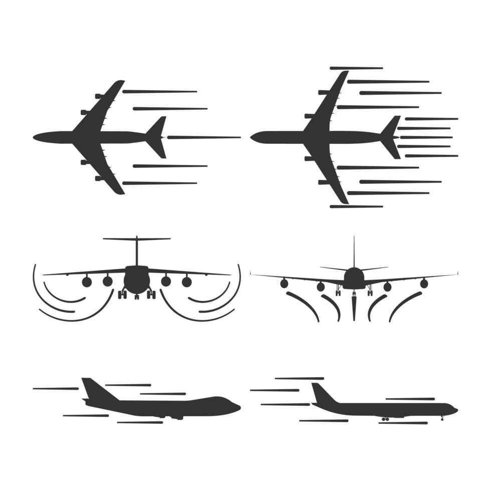 ícone de viagens aéreas do vetor de decolagem do avião. conceito de símbolo de design de voo de aeronaves. aterrissagem de arte plana isolada silhueta preta. velocidade pista sinal aviação simples transporte