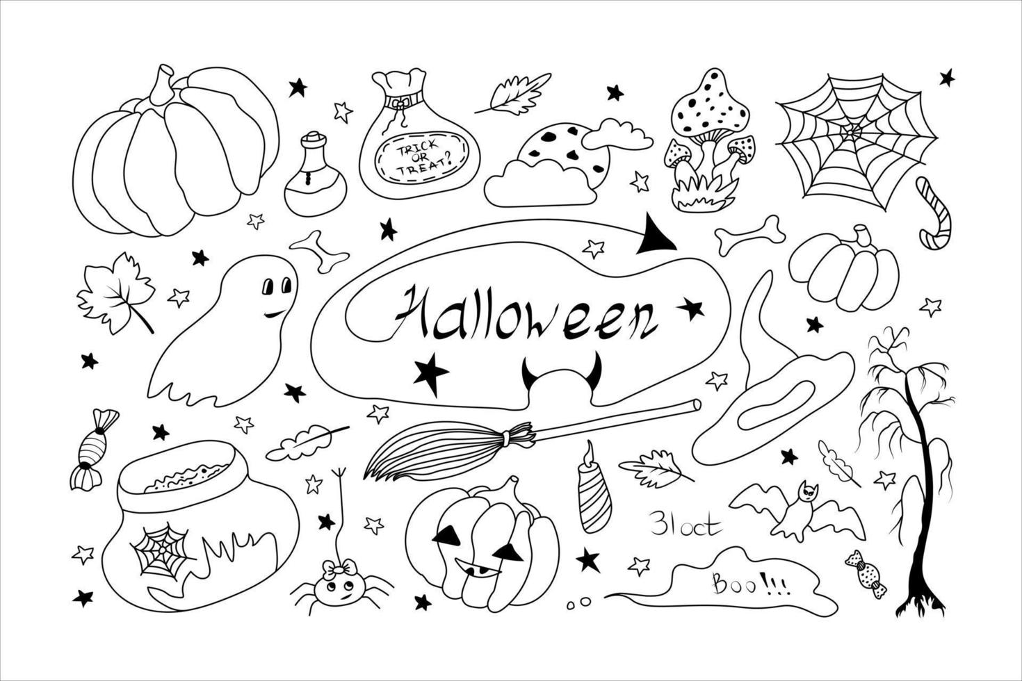 conjunto de clipart de halloween. mão desenhada símbolos de doodle de halloween bonitos e engraçados e personagens para design. isolado no fundo branco. vetor