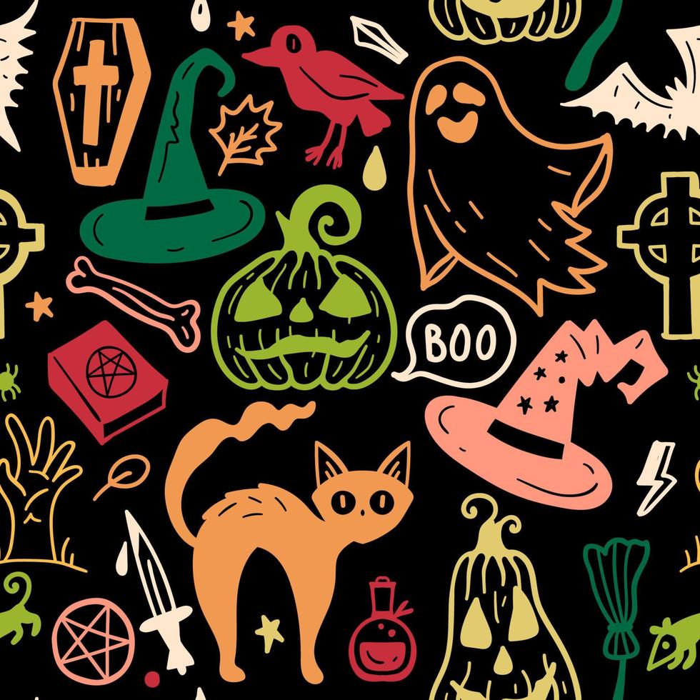 padrão sem emenda brilhante de elementos de doodle desenhados à mão de horror halloween. vetor