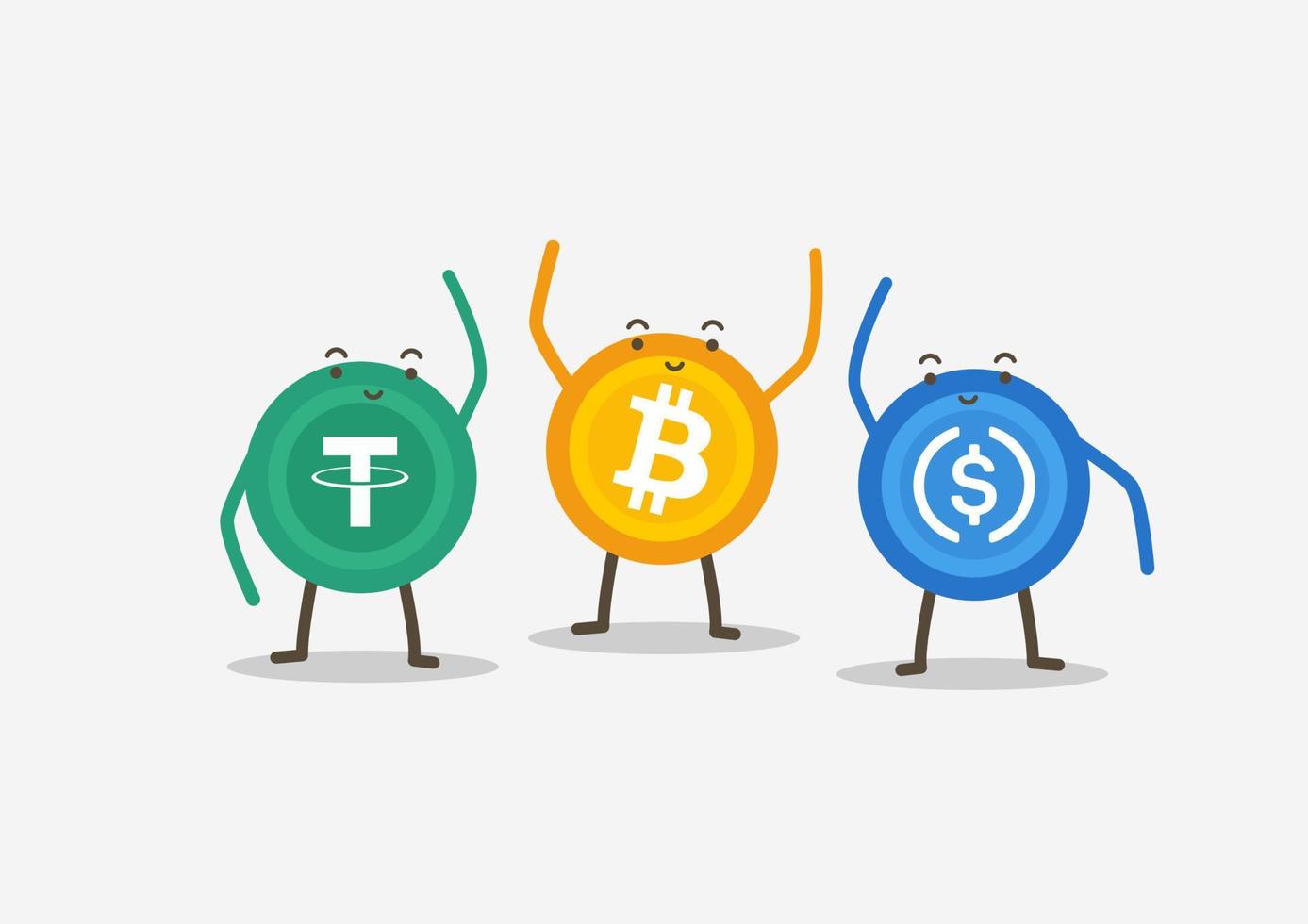 moeda bitcoin usdt e usdc. conceito de desenho animado de criptomoeda. vetor