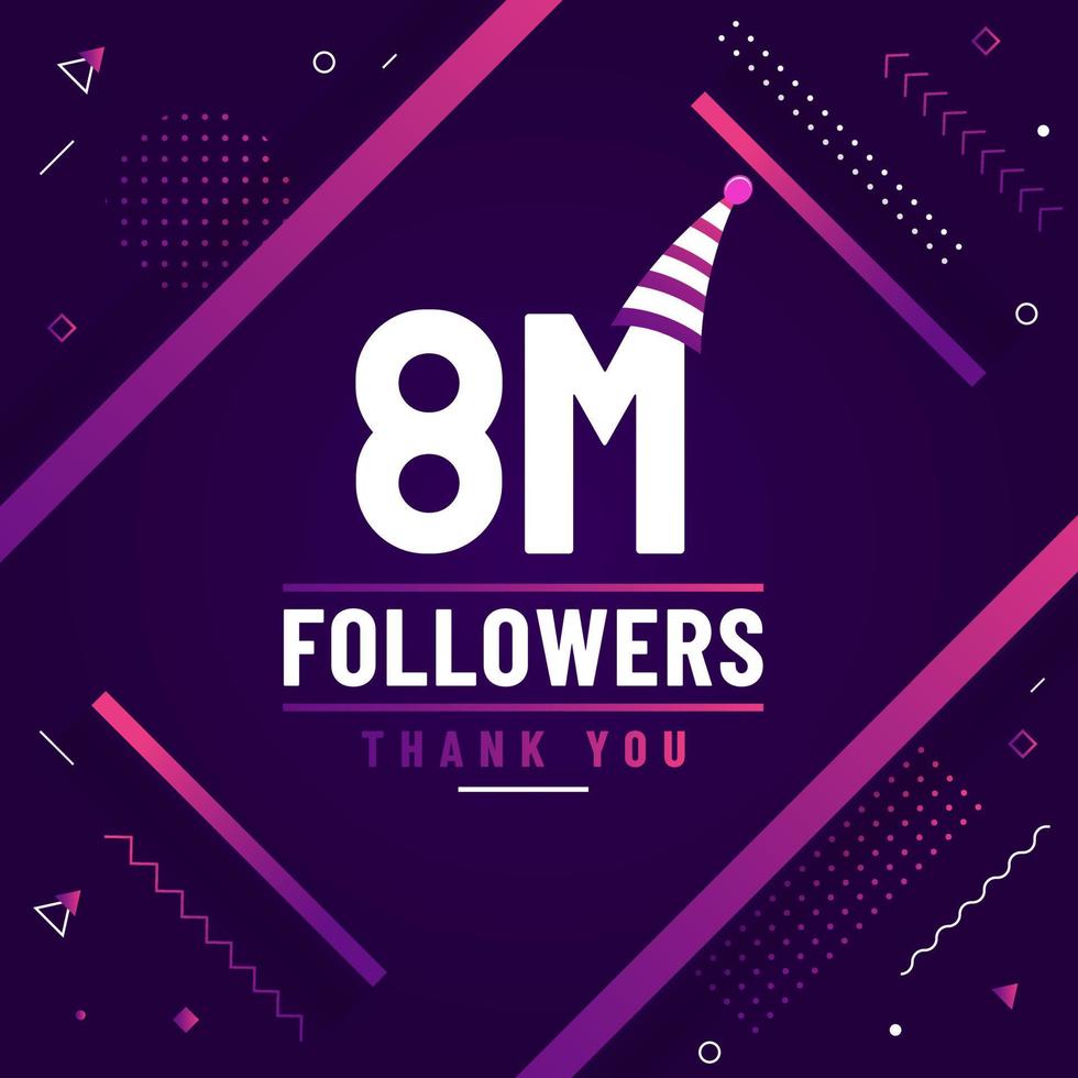 obrigado 8 milhões de seguidores, 8000000 seguidores celebração design colorido moderno. vetor