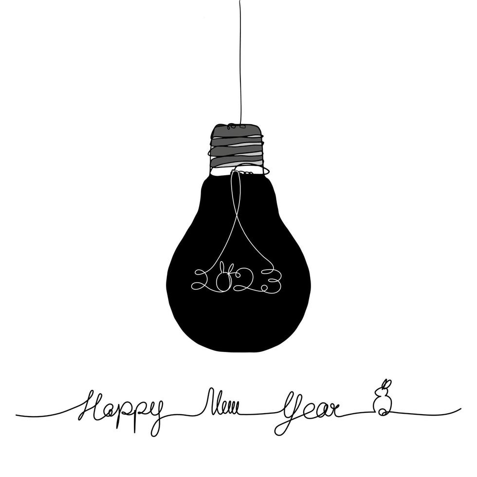 2023 lâmpada criativa texto de tipografia de arte de linha, cor preto e branco. uma linha continua desenhando uma ideia de feliz ano novo para a solução em 2023 planejamento de negócios brilhando, comemorando o ano do coelho vetor