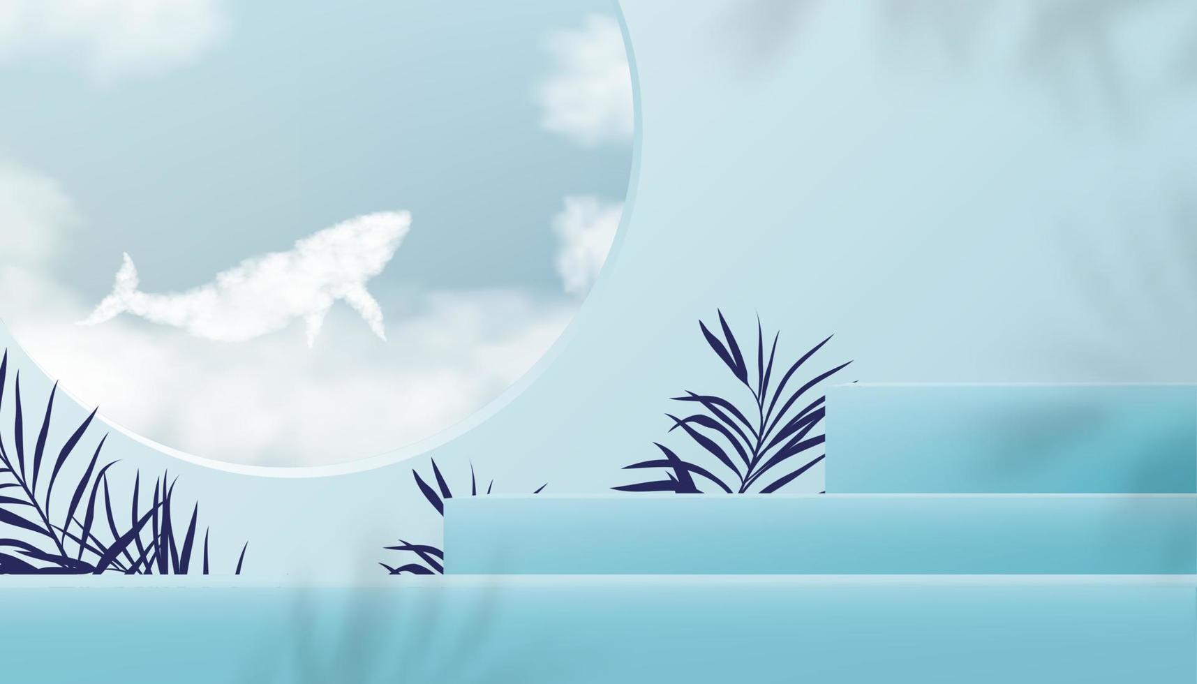 Sala de estúdio de exibição 3d com nuvem fofa de baleia na janela do céu azul, banner de pano de fundo vetorial, palma de passo com folha de palmeira no fundo da parede azul para primavera, apresentação ou venda de produtos de verão vetor