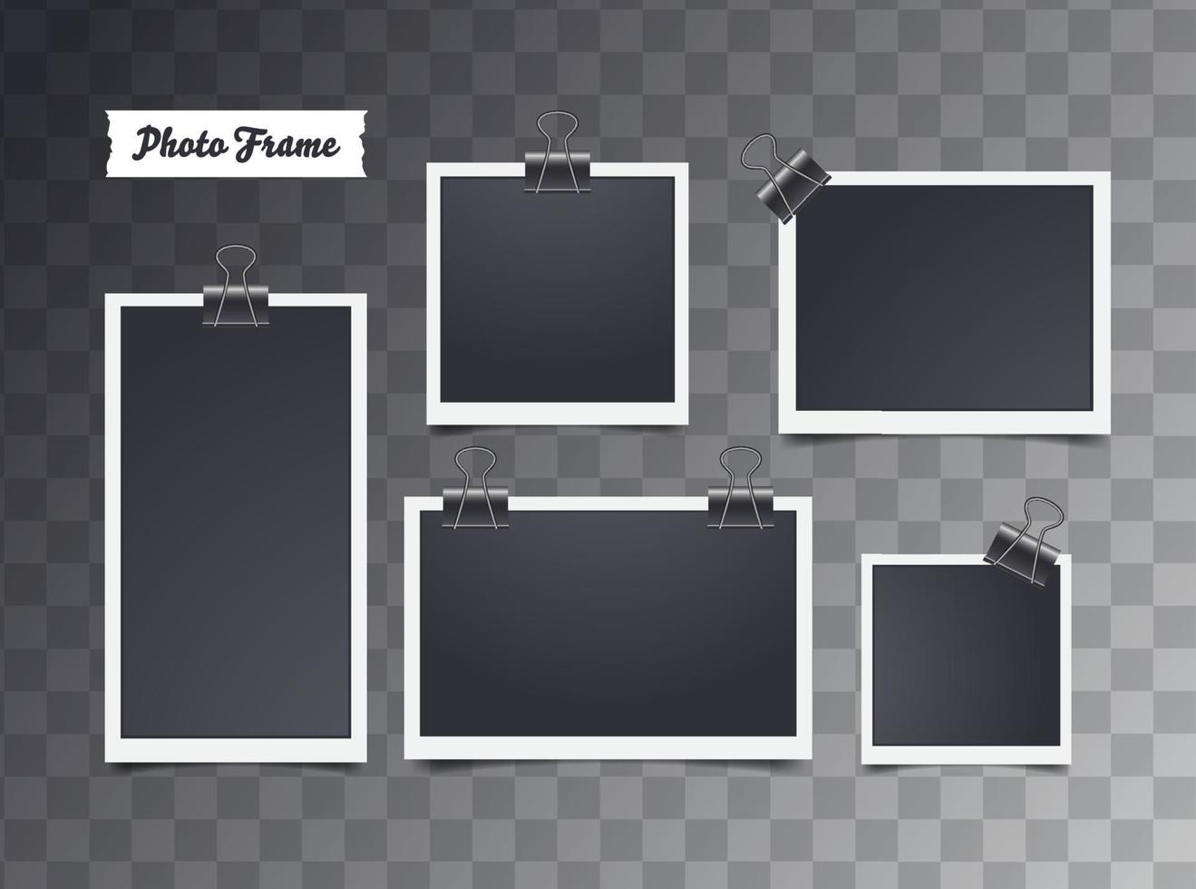 conjunto de quadros de coleção de molduras para fotos em branco. molduras para fotos com fita adesiva e clipe de papel. fundo de desenho vetorial isolado. vetor