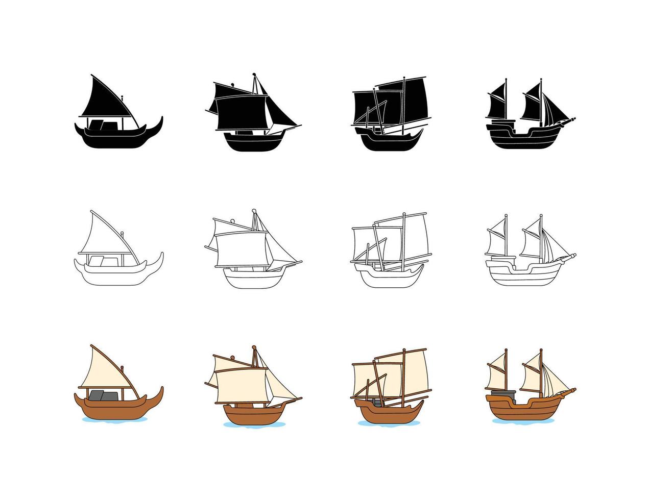 coleção de navios tradicionais asiáticos, ilustrações vetoriais vetor