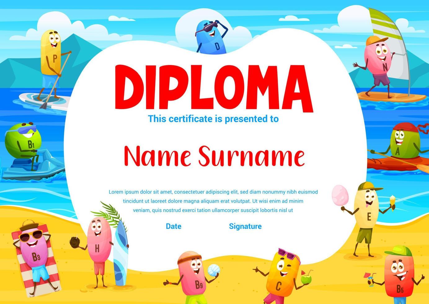 diploma infantil com vitaminas dos desenhos animados na praia de verão vetor