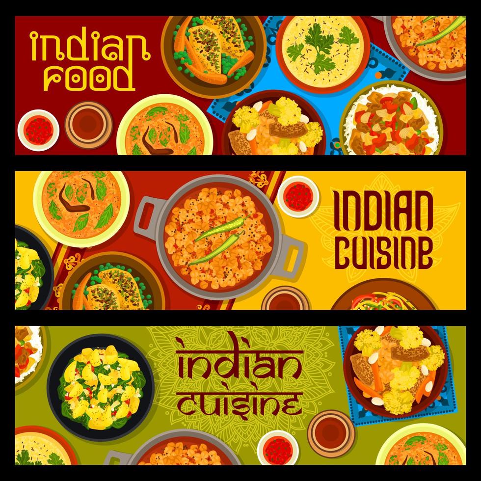 cozinha indiana restaurante refeições banners horizontais vetor