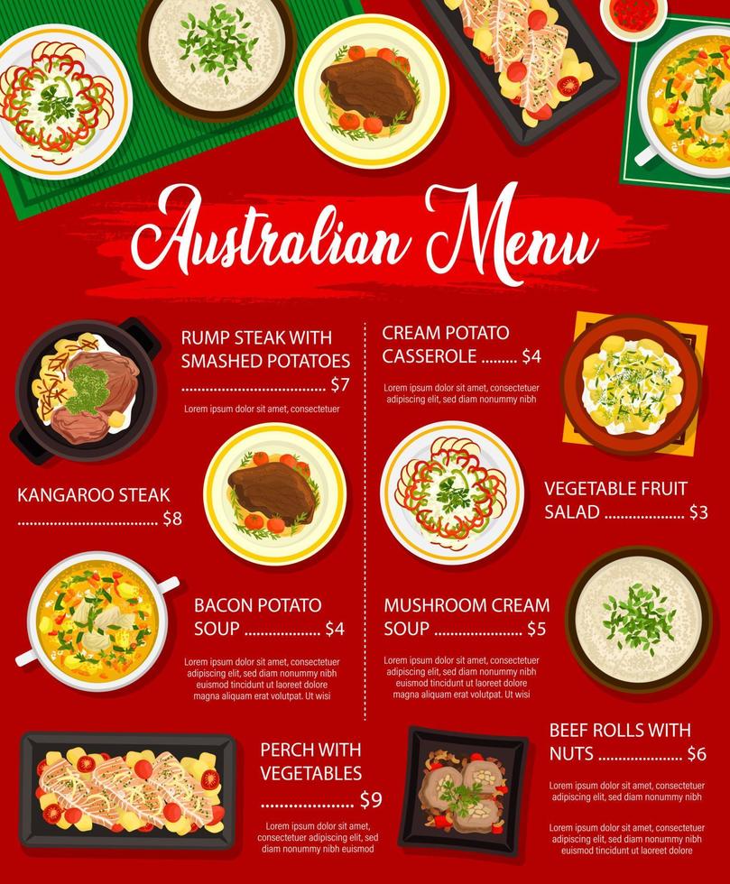 cozinha australiana comida do menu de restaurante para churrasco vetor