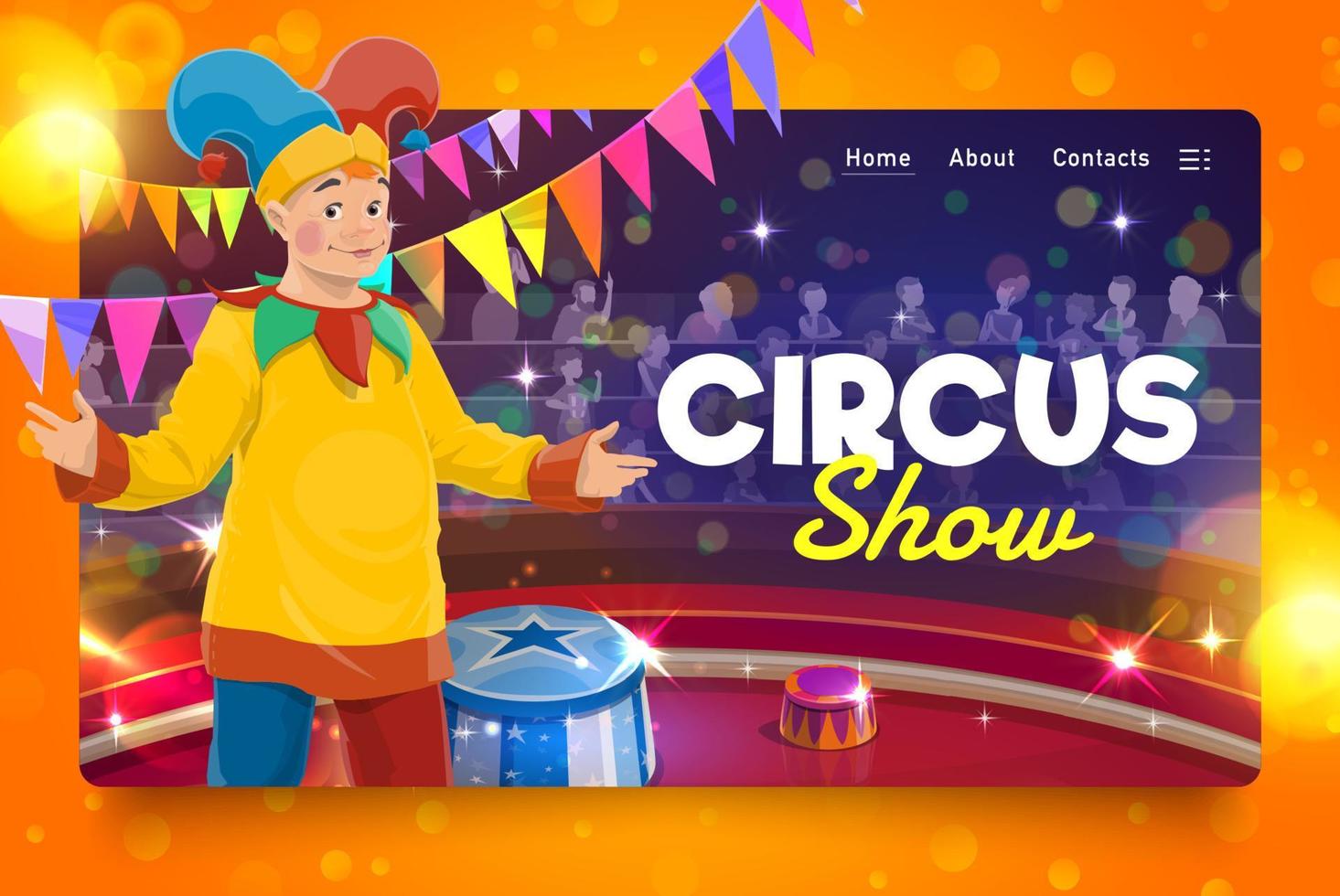 página de destino do circo com palhaço de desenho animado no palco vetor