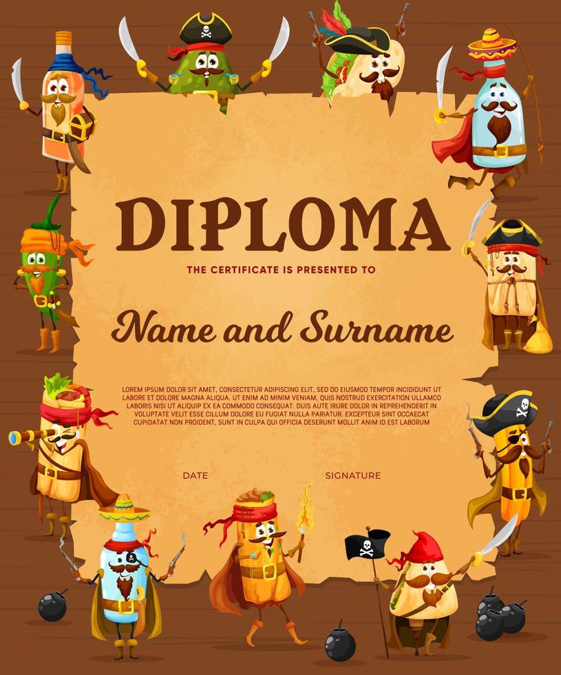 diploma infantil com personagens piratas de comida mexicana vetor