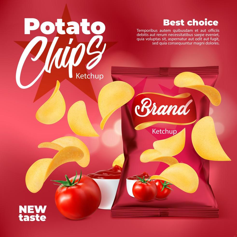pacote de batatas fritas com sabor de ketchup realista vetor