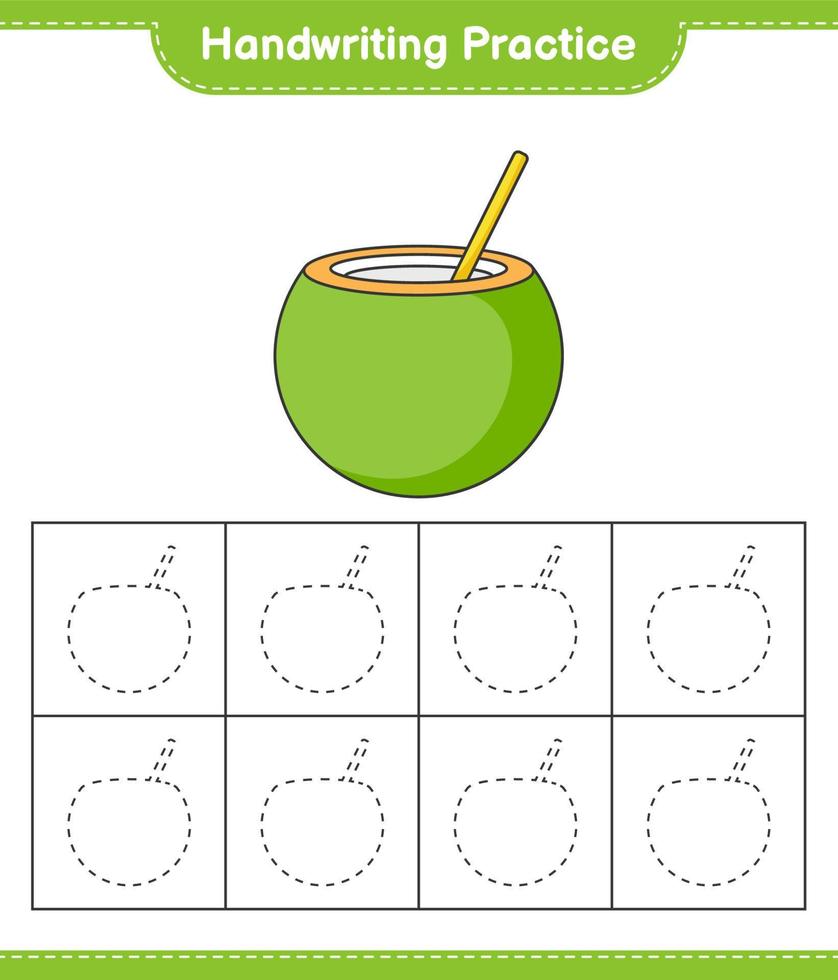 prática de caligrafia. traçando linhas de coco. jogo educativo para crianças, planilha para impressão, ilustração vetorial vetor