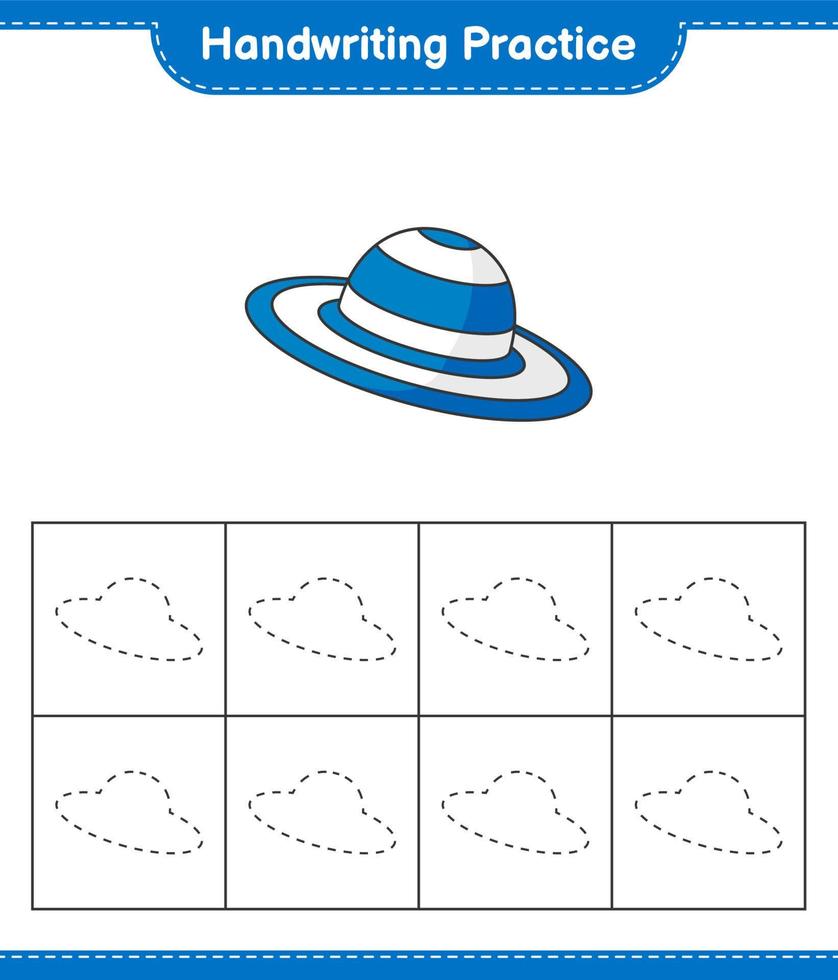 prática de caligrafia. traçando linhas de chapéu de verão. jogo educativo para crianças, planilha para impressão, ilustração vetorial vetor