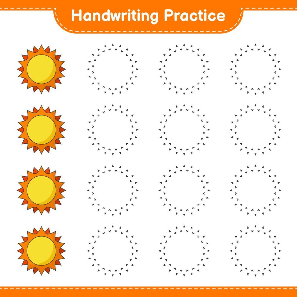 prática de caligrafia. traçando linhas de sol. jogo educativo para crianças, planilha para impressão, ilustração vetorial vetor