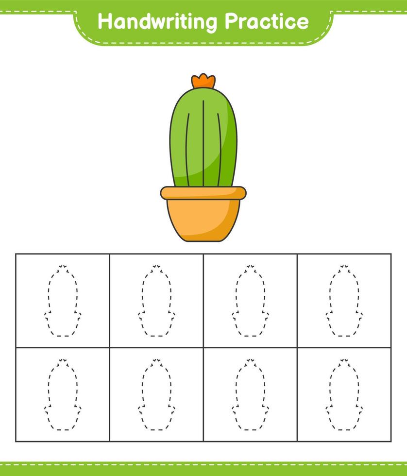 prática de caligrafia. traçando linhas de cacto. jogo educativo para crianças, planilha para impressão, ilustração vetorial vetor