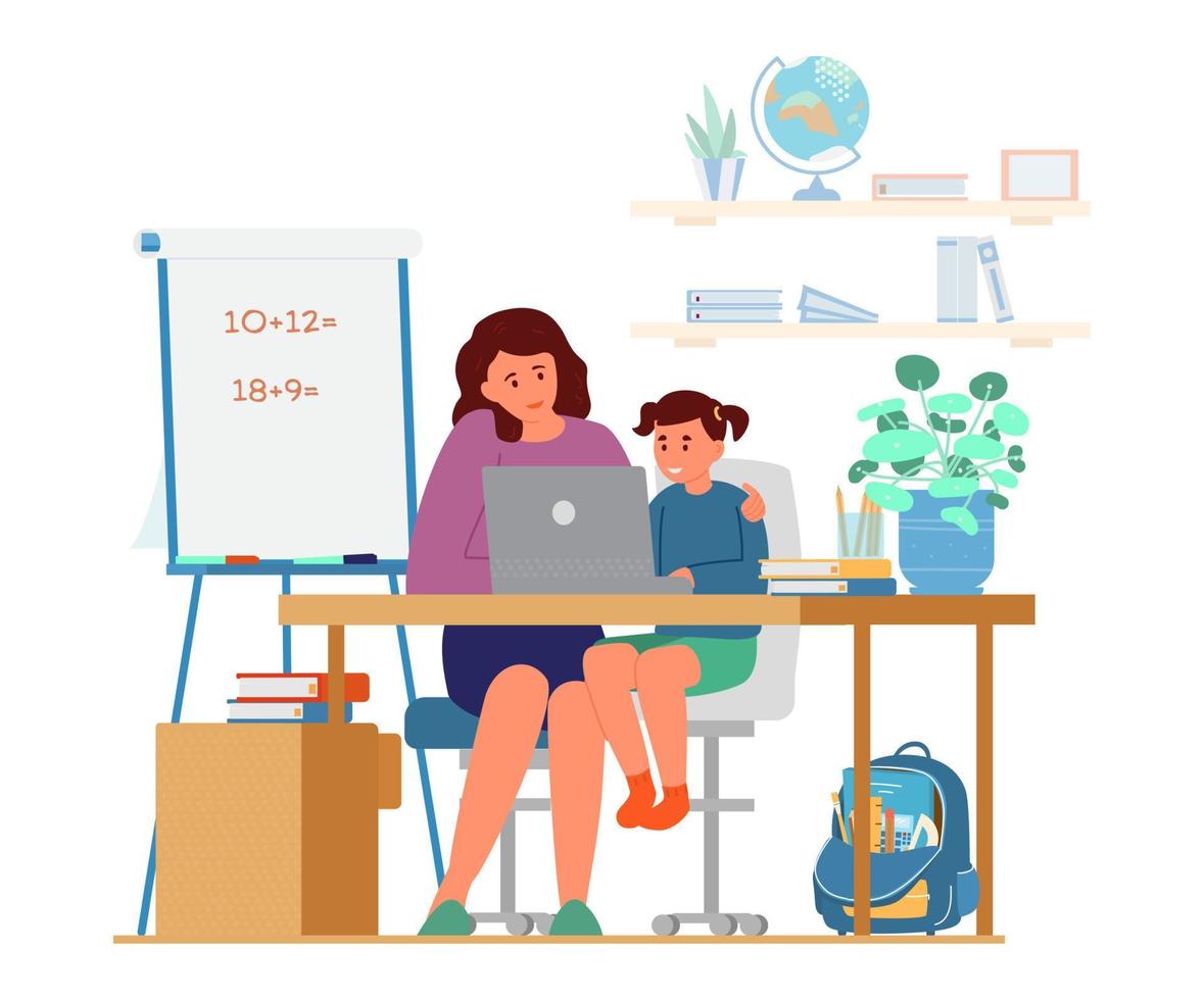 conceito de educação em casa. mãe ou tutor ensinando menina em casa. menina sentada na mesa no laptop. ilustração vetorial plana. vetor