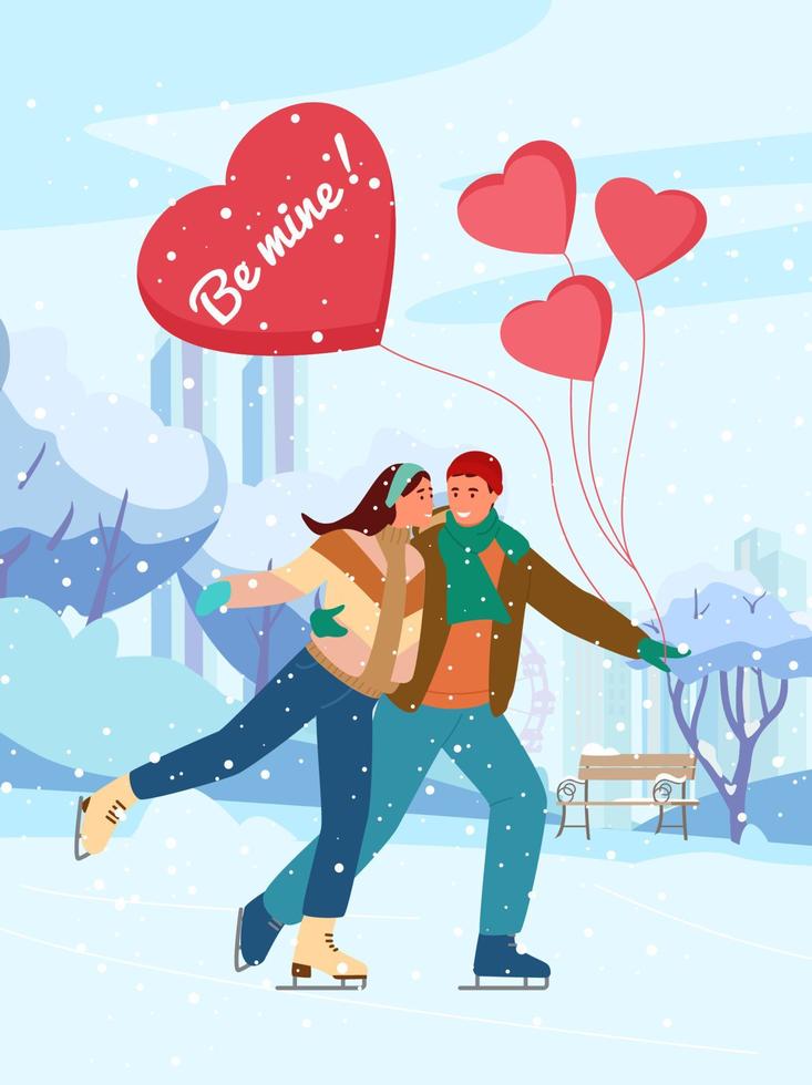 design de vetor de cartão de dia dos namorados. casal apaixonado patinação no gelo em winter park com balões em forma de coração sob a neve.