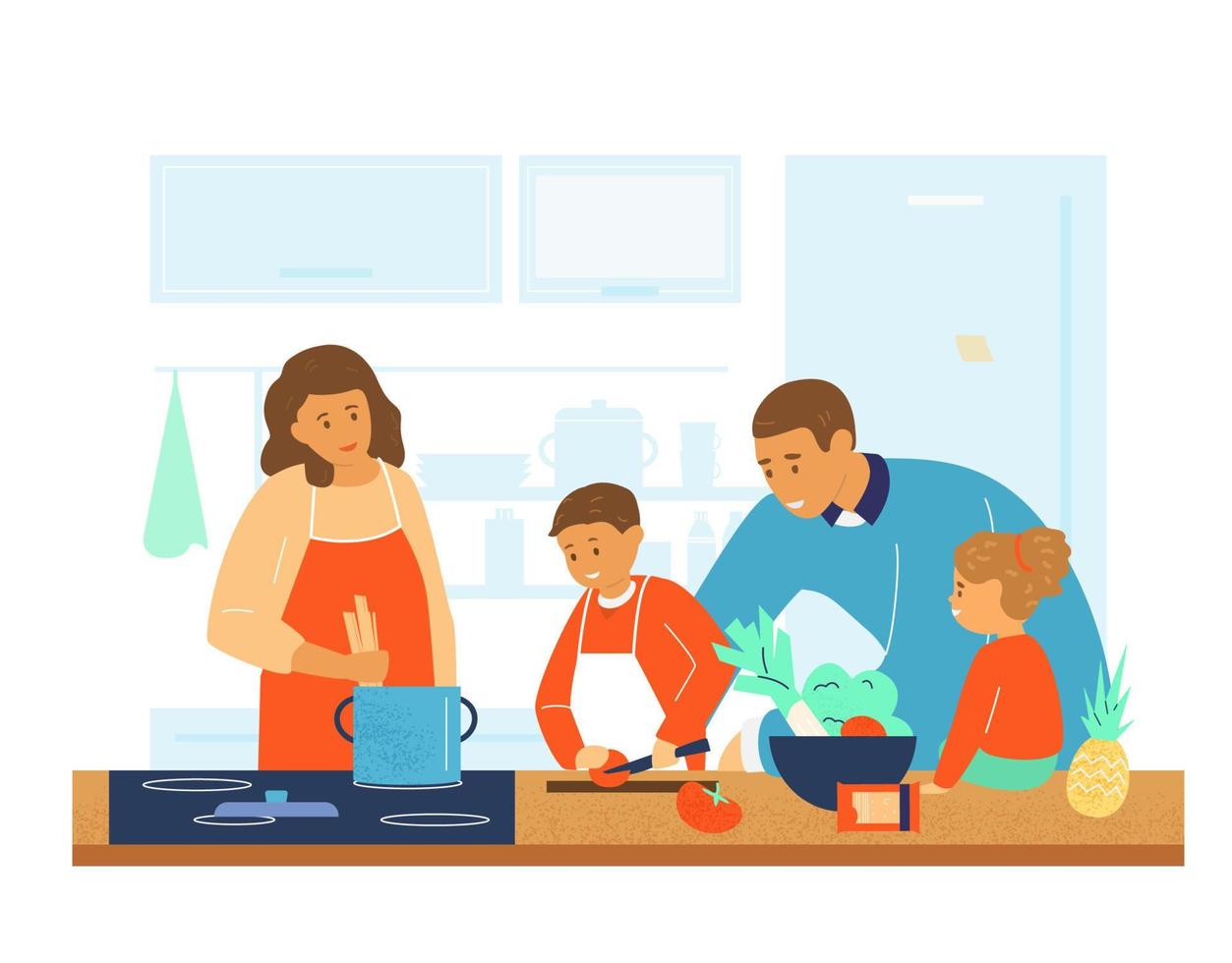 família feliz cozinhando juntos na cozinha. pais ensinando as crianças a cozinhar. ilustração vetorial plana. vetor