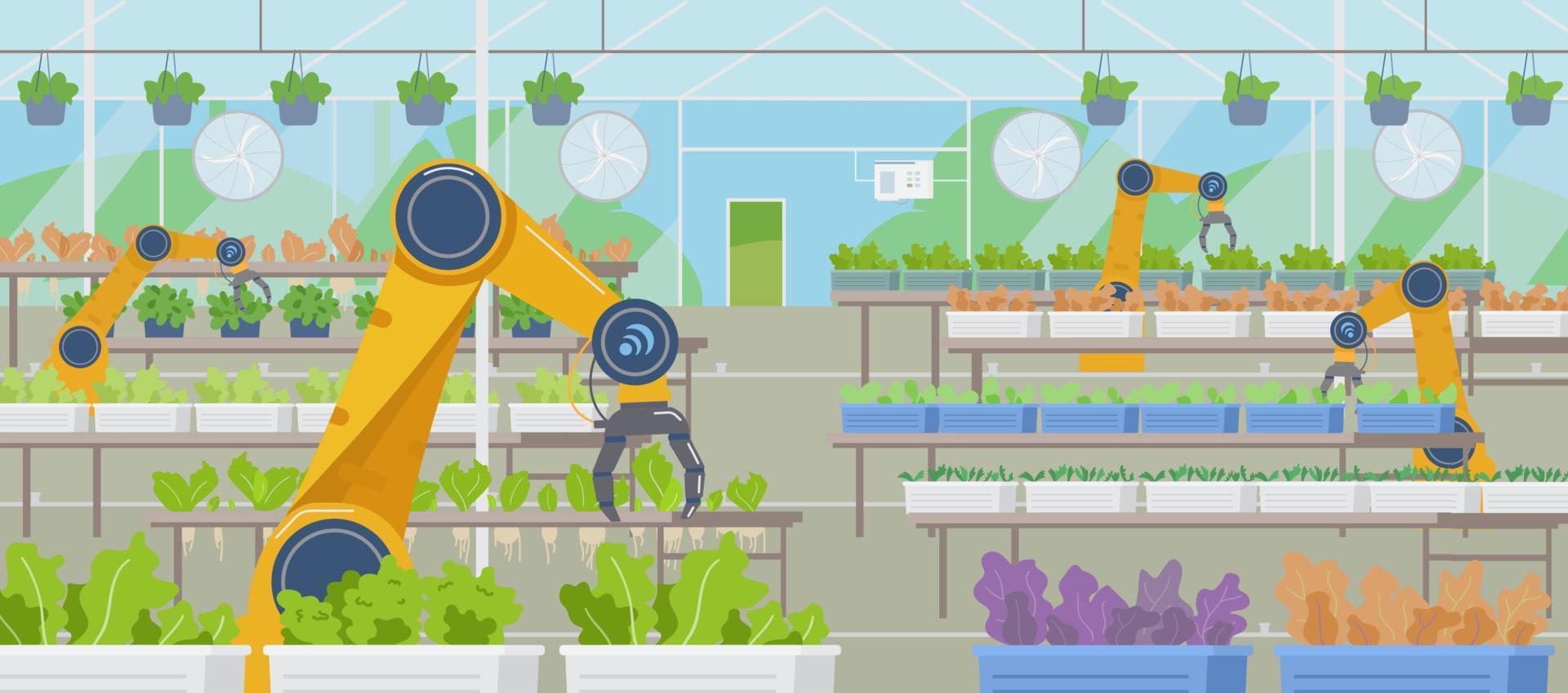 estufa com robôs automatizados de agricultura trabalhando fundo horizontal vector plana. agricultura inteligente.