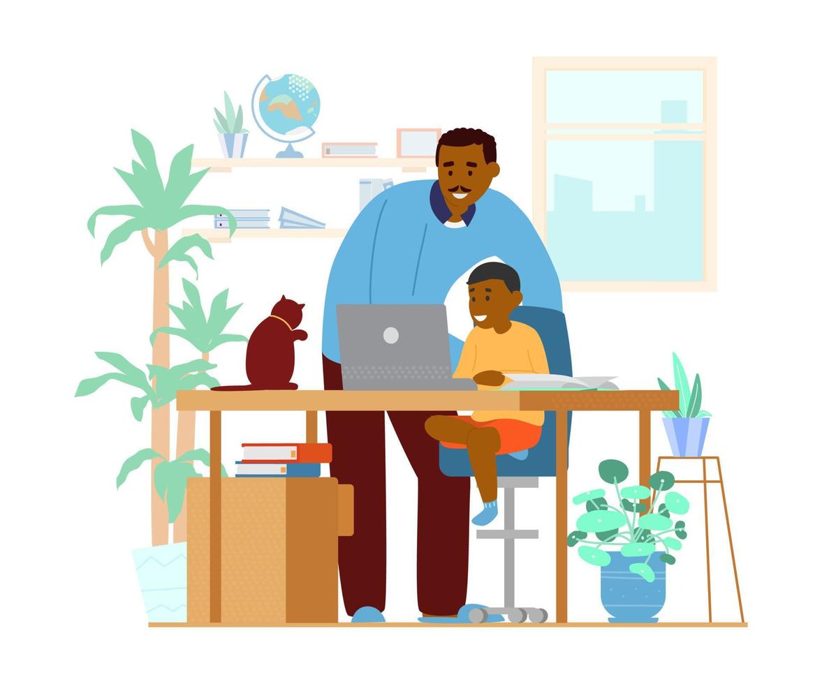 pai afro-americano ou tutor ensinando filho em casa. conceito de educação em casa. interior do local de trabalho. ilustração vetorial plana. vetor