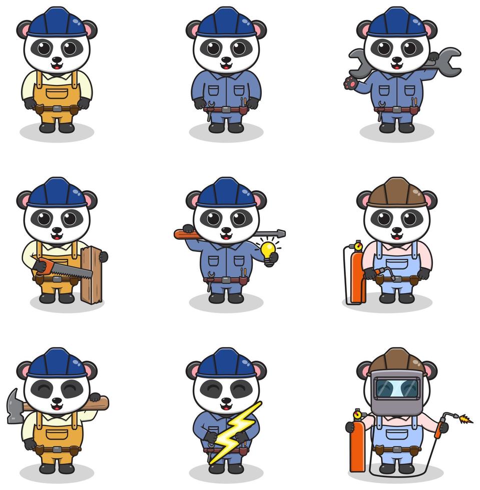 ilustração em vetor de desenho de construção de panda, construtor, eletricista, soldador e faz-tudo. Trabalhadores de engenheiros de panda fofos, personagens de construtores isolaram a ilustração dos desenhos animados.